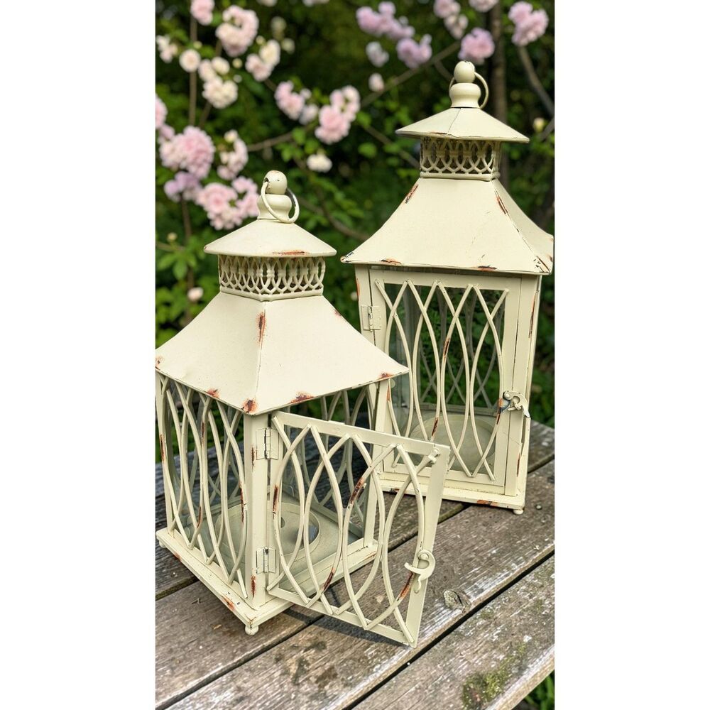 Pair of Cream Distressed Garden Lanterns